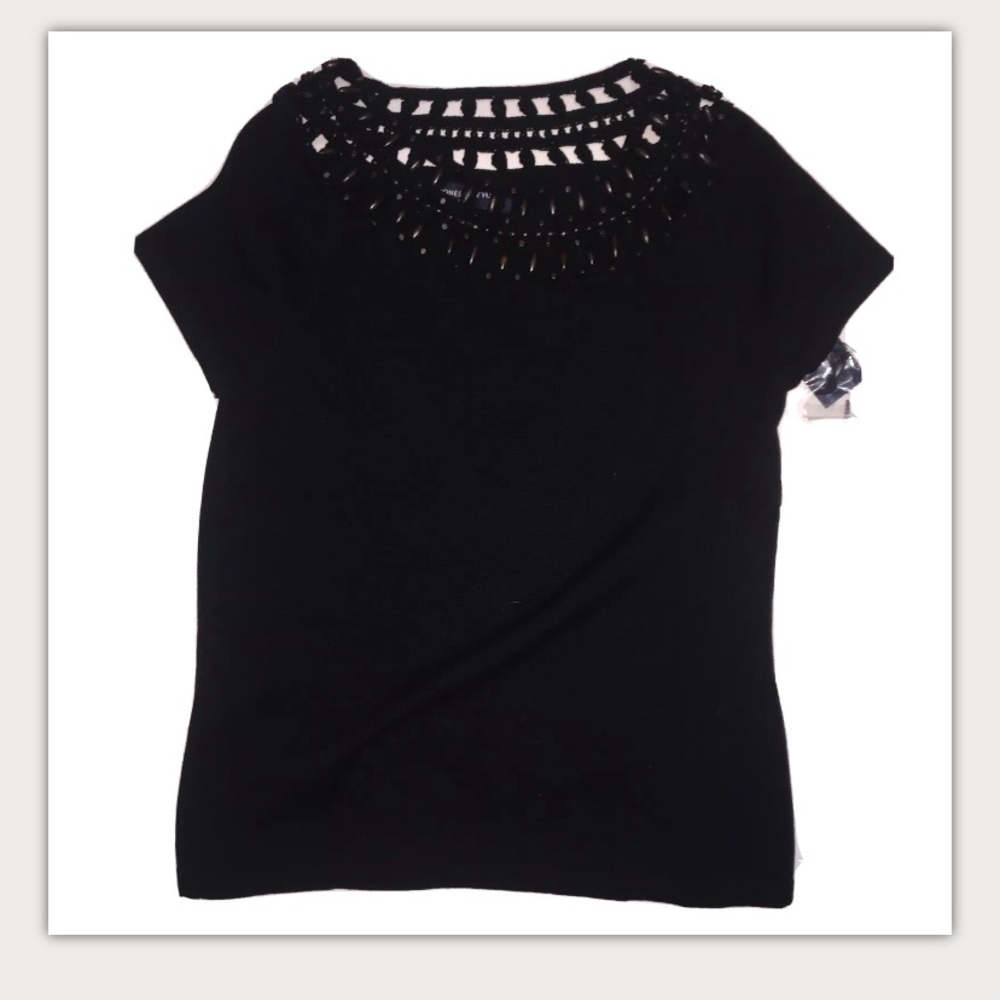 NWT Jones New York Wood Bead Embellished Black Top T-shirt Medium New
